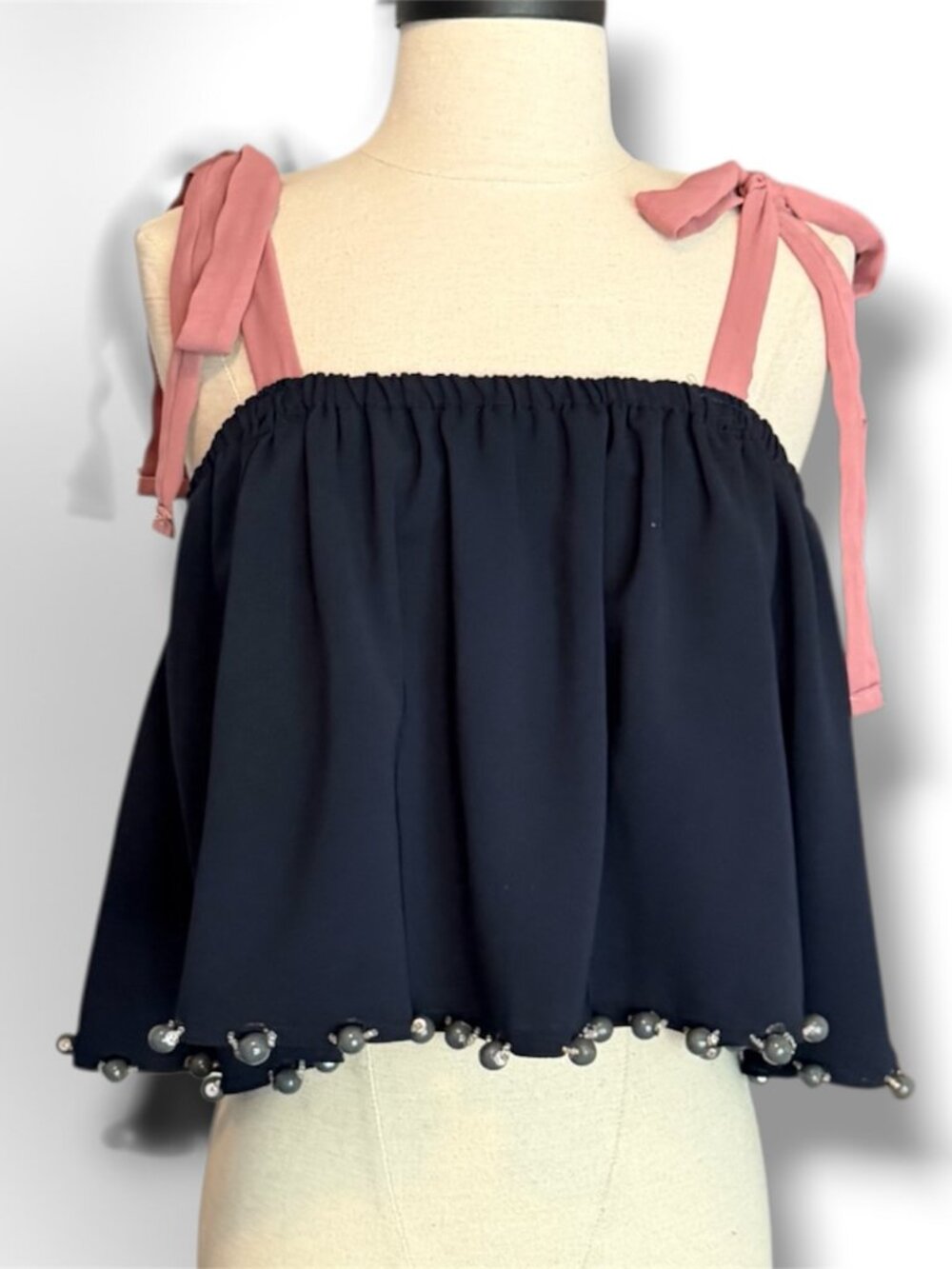 Upcycled Navy Blue Pink Tie Strap Beaded Hem Flowy Crop Top